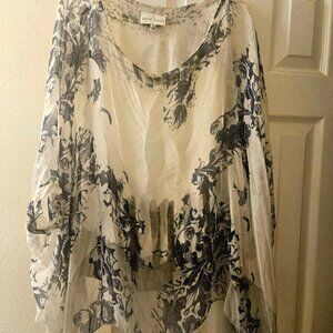 100% silk made in Italy boho flowy blue and white blouse top shawl overlay